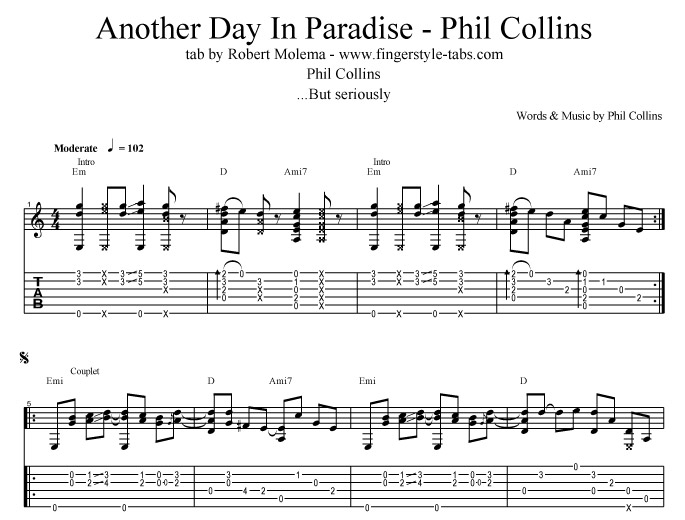 Another Day In Paradise Sheet Music By Phil Collins - Tenor Banjo Tabs